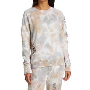 Sweat-shirt tie-dye vieilli beige gris marbré déchiré et usé pour femme, col rond, style vintage streetwear, coton, personnalisable OEM - Product Image 2