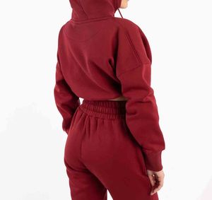 Conjunto Deportivo Rojo con Capucha para Mujer, Manga Larga, Color Sólido, Cierre con Cordón, Corte Holgado, Ropa de Otoño con Bolsillos Laterales - Product Image 3