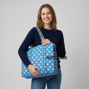 Bolsa de Mano Grande Acolchada de Algodón con Estampado Floral Azul, Bolso de Hombro para Mujer, Ecológico, Reutilizable, para Compras - Product Image 1