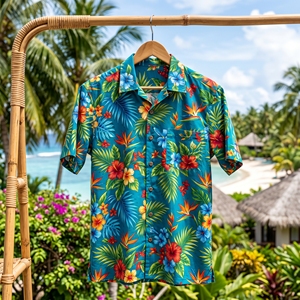 Camisa Hawaiana Azul con Estampado Floral, Tejida en 100% Poliéster Transpirable, con Logotipo Frontal, Manga Corta, Abotonada, Informal, para el Verano, Estilo Isleño - Product Image 4