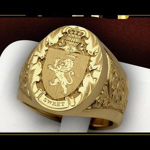 Robuuste vergulde zegelring voor heren, kroon, leeuw, schild, embleem, statement, feest, vingerornament - Product Image 2