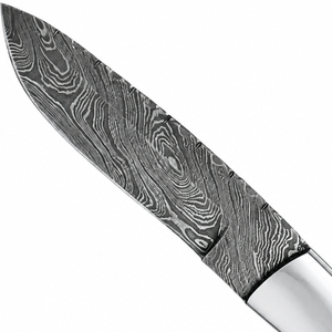 มีดล่าสัตว์ลายดามัสกัส ด้ามสีดำและสีงาช้าง ปลายมีดแหลม พร้อมบอสเทอร์สีเงิน มีดใบตายสำหรับใช้งานกลางแจ้ง - Product Image 6