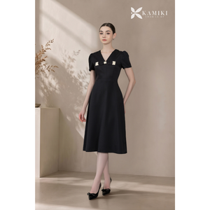 Elegante Vestido Midi Plisado con Manga con Volantes, Cuello Mandarín, Vestido de Oficina para Mujer, Corte en A, con Cinturón, Vestido Sólido 100% Algodón, Sencillo - Product Image 1