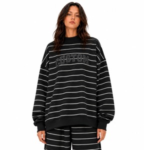 Sweat-shirt personnalisé pour femme à col montant rayé, 100% coton, décontracté, épaules tombantes, col montant avec logo sur le devant - Product Image 3