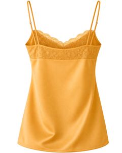 Golden Yellow Satin Camisole Shorts Set Women Sleepwear <b>Lace</b> Trim Spaghetti Strap Breathable Summer Nightwear Pajama Set Lounge - Product Image 5