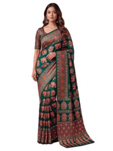 Green Digital Print Ajrak <b>Saree</b> With <b>Red</b> Motifs For Women Traditional Indian Wedding Wear Silk Fabric Floor Length Sari - Product Image 3