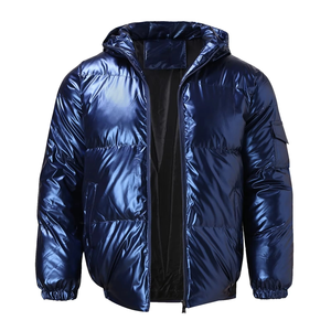 Men’s Shiny Navy Blue Puffer Jacket Glossy Bubble Winter <b>Coat</b> Hooded Lightweight Warm Streetwear Outerwear - Product Image 3