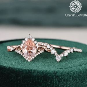Charm_Jewells Women's Rose Gold Plated Pear Cut Moissanite Engagement <b>Ring</b> Pave Setting Romantic <b>Crown</b> Style - Product Image 4