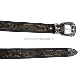 Vintage Hand Carved <b>Tooled</b> Pattern Embossed Original Western <b>Leather</b> <b>Tooling</b> <b>Belt</b> for Men with 3 Piece Antique Buckle Set - Product Image 6