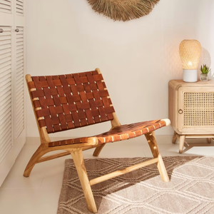 Fauteuil lounge moderne en teck écologique avec design tressé en cuir véritable pour salon, extérieur et hôtel - Product Image 6