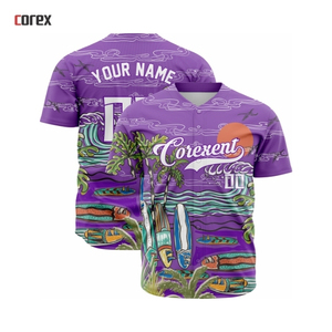 Maillot de baseball Corex imprimé intégral pour homme, violet, motif tropical, manches courtes, respirant, en polyester, vêtement de sport d'été - Product Image 2