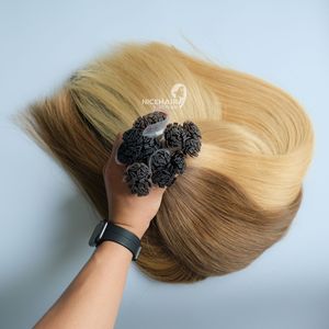 100% Extensiones de cabello crudo de Vietnam Estilo de onda natural Color marrón oscuro/Rubio Prebonded Punta plana Extensión de cabello Remy - Product Image 1