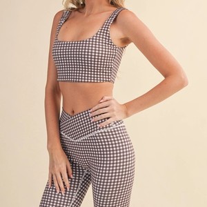 Yellow Plaid 2-Piece <b>Set</b> <b>Square</b> Neck Crop Top High Elastic Waist Shorts Spaghetti Strap Breathable Spandex/Polyester Yoga Wear - Product Image 6