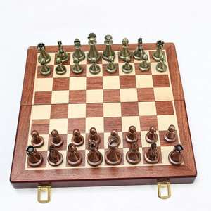 Jeu d'échecs Staunton en métal de qualité supérieure, finition laiton et cuivre antique, plateau en bois pliable, jeu de stratégie, jeu d'échecs de qualité tournoi - Product Image 1