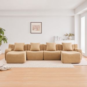 32D High Density Sp <b>U</b>-Shaped Boneless Sofa Teddy Fabric Streamlined Design Curved Armrest No Assembly Required for <b>Living</b> Room - Product Image 3