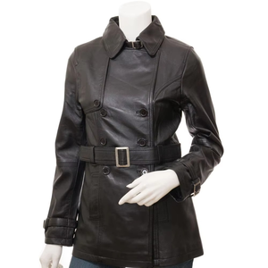 Women's <b>Genuine</b> Leather Hooded Long Motorcycle Jacket With Adjustable Waist Belt Windproof Autumn Style - Product Image 1