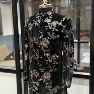 Traje de esmoquin de terciopelo negro para hombre, Sherwani de lujo para fiesta de noche, Bandhgala con lentejuelas florales bordadas, Chaqueta D, Atuendo para recepción de novio - Product Image 1