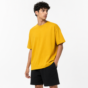 Men's Oversized Yellow Cotton <b>T</b>-<b>Shirt</b> O-Neck Short Sleeve Casual Solid Color Breathable Jersey Fit - Product Image 1