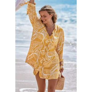 Chemisier long en mousseline de soie à col en V, style tropical, manches à lacets, imprimé floral, chemise hawaïenne boutonnée, idéal pour la plage – Meilleure vente de l'été - Product Image 2