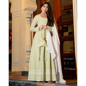 Ensemble de costume en mousseline de coton respirant 100% coton Chikankari vert pour femmes - Product Image 4