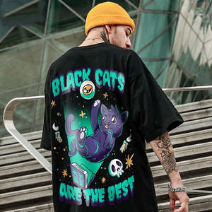 เสื้อยืดโอเวอร์ไซส์ลายแมวดำผู้ชายสไตล์สตรีทโลโก้ด้านหน้าแขนสั้นคอกลมทรงปกติผ้าฝ้าย 100% แห้งเร็ว - Product Image 2