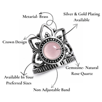 Bague Lotus en Quartz Rose Sérénité, Bijou Artisanal en Pierre Guérisseuse, Laiton Plaqué Argent/Or, Sertissage Clos, Style Bohème