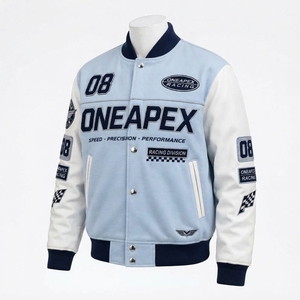 เสื้อแจ็คเก็ตผู้ชายสีฟ้าอ่อนขาว แขนหนัง สไตล์ Letterman Bomber สำหรับแข่งรถ แนวสตรีทแวร์ รับผลิตตามสั่ง ขายส่ง - Product Image 2