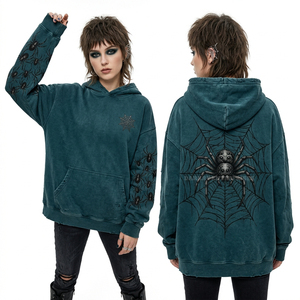 Sudadera con Capucha Oversize Verde Teal para Mujer, con Estampado Gráfico de Telaraña, Estilo Streetwear Desgastado, Sudadera Gótica Punk Personalizada - Product Image 1