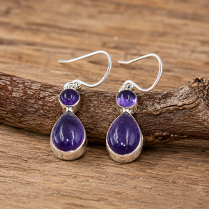 Pendientes Colgantes de Amatista Natural con Doble Piedra, Plata de Ley 925, Chapados en Oro Rosa y Amarillo, Joyería Artesanal con Gema en Forma de Lágrima - Product Image 1