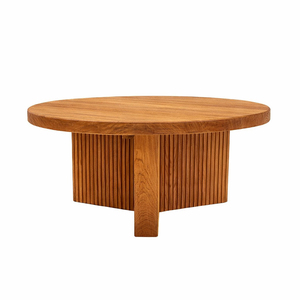 Table à manger ronde en teck moderne, 3 pieds, qualité supérieure, base en bois massif à lattes, finition naturelle, salle à manger, hôtel, villa, vente en gros - Product Image 3