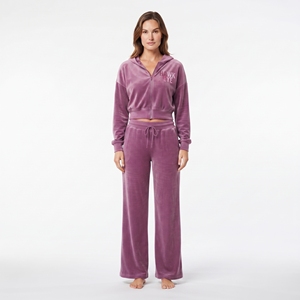 Conjunto Deportivo Casual de Terciopelo para Mujer, Sudadera Corta con Hombros Caídos y Cremallera Completa, Pantalón de Pierna Ancha y Cintura Alta - Product Image 1