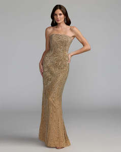 Vestido de Noche Dorado sin Tirantes con Cuentas, Hecho a Mano, Estilo Tubo, Maxi, Línea A, de Satén Antiarrugas, Elegante, Floral, con Cintura Natural, para Fiesta - Product Image 6