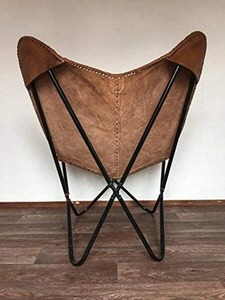 Fauteuil papillon en cuir brun foncé de qualité supérieure avec structure en métal noir, fauteuil d'appoint moderne fait main pour la décoration du salon - Product Image 5