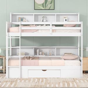 Letto a Castello Singolo Bianco con Scaffali Integrati e Cassetto Portaoggetti, con Funzionalità di Stoccaggio per i Bambini sul Letto Superiore e Inferiore - Product Image 3