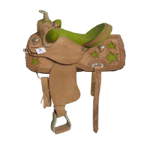 Selle de cheval western en cuir véritable 2026 avec étoiles vertes et ferrures en laiton pour la course de baril western - Product Image 4