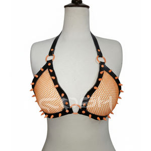 Neon Orange Fishnet Spiked Halter Bra With Black Leather Trimmed Mesh Bralette with Punk Spikes & O-Rings - Product Image 1