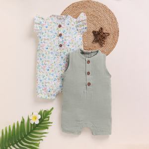 Lot de 2 barboteuses en mousseline biologique de qualité supérieure avec motifs floraux et sauge pour bébé - Product Image 1