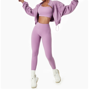Conjunto de leggings de cintura alta color lavanda para mujer, top corto con capucha de manga larga, ajuste ceñido de longitud completa, transpirable, de elastano y poliéster, informal. - Product Image 1