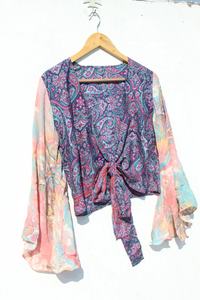 Nouveau haut portefeuille en soie imprimé pour l'été manches cloche haut court robe tunique pour femmes manches longues cloche haut court pour les femmes - Product Image 2