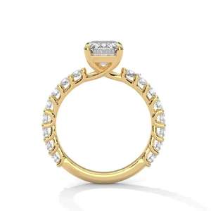 Anillo de Compromiso con Diamante Cultivado en Laboratorio con Corte Esmeralda, Certificado IGI, con Piedras Laterales Pavé, Engaste de Cuatro Puntas en Oro de 10K, 14K, 18K, Plata 925, 935 - Product Image 3