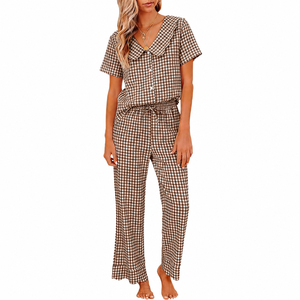 Conjunto de Pijama de Algodón 100% Suave para Mujer, Color Rosa Sólido, Cuello Peter Pan, Cintura Elástica, Manga Corta, Ropa de Dormir de Verano - Product Image 4
