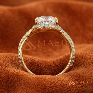 Luxury 14K Gold Pear Shaped Halo Diamond Wedding <b>Ring</b> with Twisted <b>Split</b> Band - Product Image 3