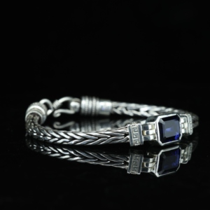 Gold Plated 925 Sterling Silver Men's Retro Punk Style Hand Braided Inlaid Blue Zircon Chain & Link Bracelet - Product Image 4