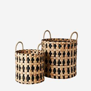 Woven Water Hyacinth <b>Baskets</b> <b>Handles</b> Natural & Black Set of 2 Handmade Storage <b>Basket</b> Wholesale eco-friendly Made in Vietnam - Product Image 1
