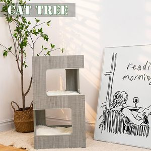 Arbre à chat moderne en bois, multi-niveaux, luxueux et spacieux, avec perchoir et couverture douce amovible, emballé en carton pour chatons - Product Image 3