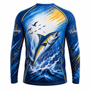 เสื้อเชิ้ตแขนยาวสำหรับตกปลา ผู้ชาย พิมพ์ลายแบบ Sublimation สีน้ำเงินเหลือง ออกแบบเองได้ คอกลม ระบายเหงื่อได้ดี ทรงพอดีตัว เหมาะสำหรับใส่กลางแจ้งในฤดูร้อน - Product Image 3