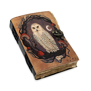 Magnifique carnet en cuir écoresponsable de style vintage, fait main, avec superbe illustration de hibou blanc et champignons, 60 pages, idéal comme cadeau - Product Image 1