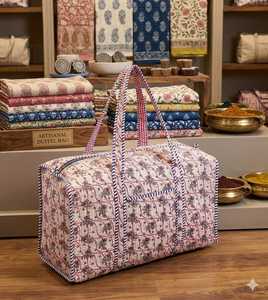 Sac de voyage matelassé en coton imprimé artisanal indien, motif éléphant de luxe, fabriqué à Jaipur, sac fourre-tout de voyage fait main - Product Image 2