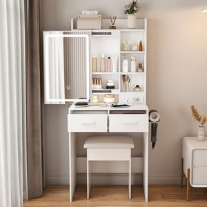 <b>Space</b>-Saving White Makeup Vanity <b>Desk</b> with Adjustable LED Lights Includes Padded Stool Hidden Storage Shelf for <b>Small</b> Bedrooms - Product Image 2