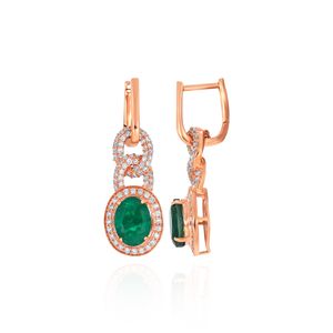18K Rose Gold Emerald Oval Cut <b>Dangle</b> <b>Earrings</b> with Round Cut Lab Grown <b>Diamond</b> Halo Geometric Link Design Luxury Jewelry - Product Image 3